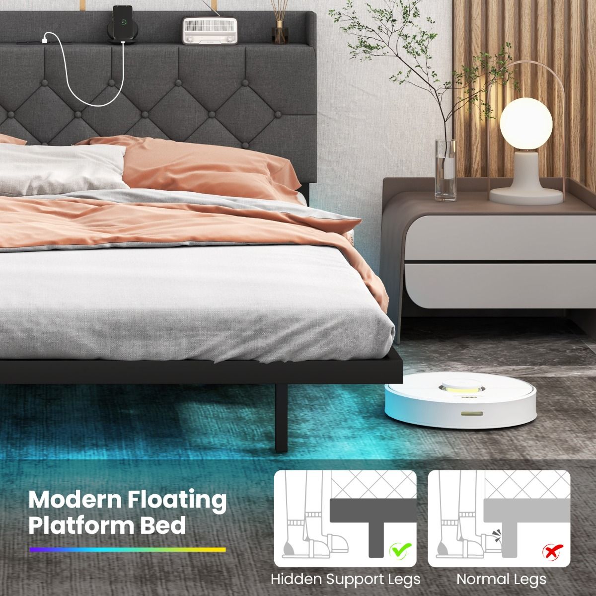 Coast Polster-Hängebett mit LED-Beleuchtung und verstellbarem Kopfteil - 160 x 200 cm - Grau