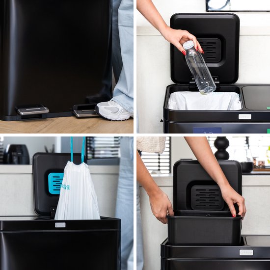 Deleca Wertstoffbehälter mit 2 Fächern - 60 Liter (2x30) Abfallbehälter - Mülltrennung / Pfandbehälter / Tret-Abfallsammler - Mülleimer mit FreshAura Geruchskontrolle - Slow Close - Edelstahl Schwarz