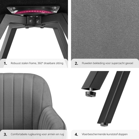 tectake - Esszimmerdrehstuhl mit Armlehnen - Ergonomischer Schalensessel mit Samtpolsterung - Gepolstert - Drehstuhl für Wohnzimmer, Esstisch, Arbeitszimmer, Frisiertisch und Küche - Grau