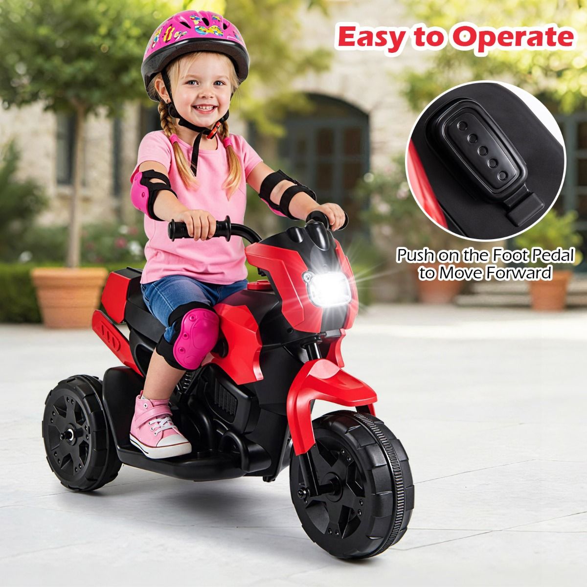 Coast Elektromotorrad für Kinder – Dreirad-Ausführung – mit LED-Scheinwerfer – rot