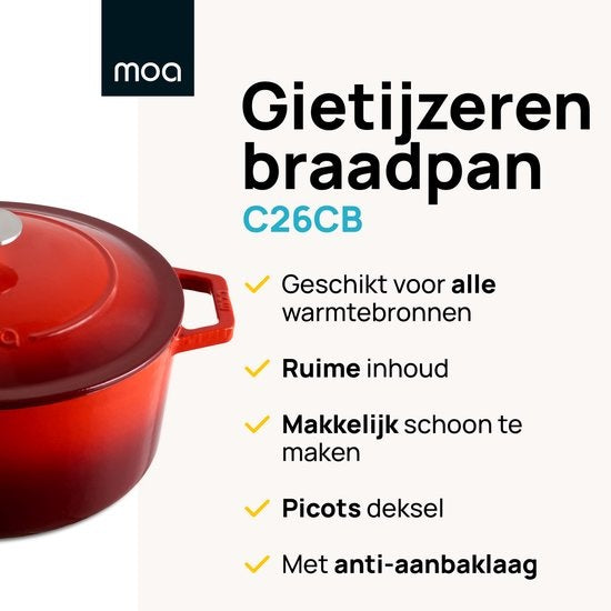MOA Gusseisen-Kasserolle - Fassungsvermögen 5,7 Liter - 26CM - Rund - Alle Wärmequellen - Auch für Induktion - Gewicht 5,8 kg - Kirschrot - C26CB