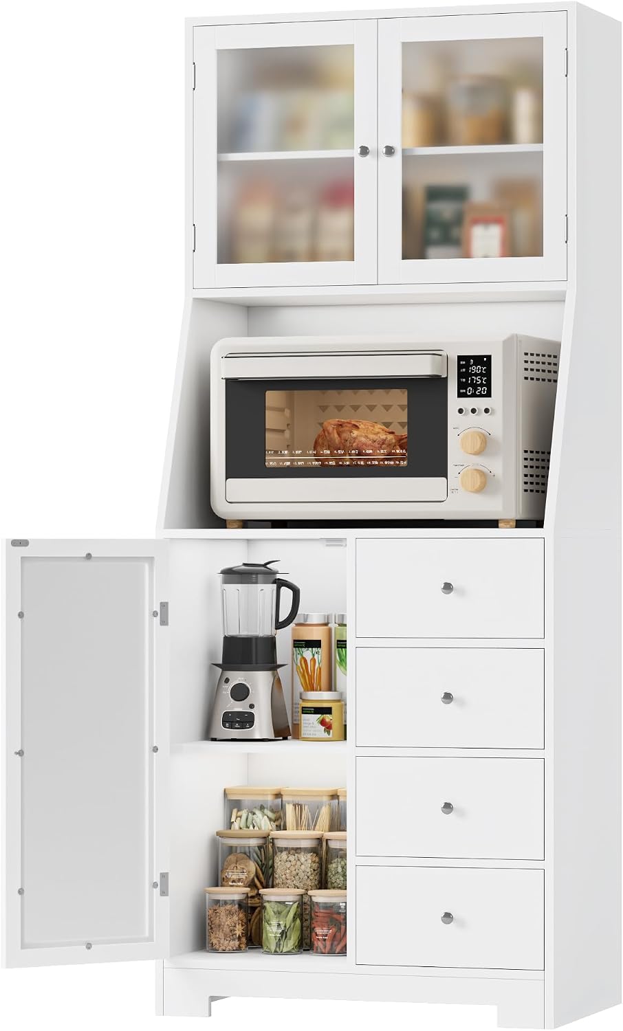 Hoher Küchenschrank mit Arbeitsplatte – 4 Schubladen und 3 Glastüren – 60 cm breit – Weiß
