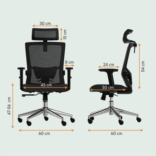 LifeGoods Ergonomischer Bürostuhl - Bürostuhl - NEN und SGS zertifiziert - Erwachsene - Kopfstütze - Schwarz/Chrom