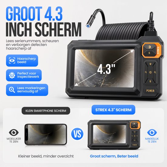 Strex Endoskop mit Bildschirm 15M – Inspektionskamera – Kanalinspektionskamera mit HD-Bild – IP67 wasserdicht – Einstellbare LED-Beleuchtung