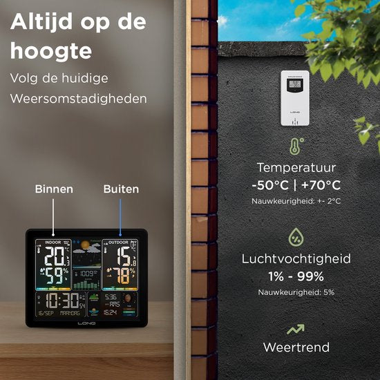 LONQ - Innen- und Außenwetterstation Q5 - Inkl. Batterien - Funkwetterstation mit Außensensor - Thermometer Hygrometer - Farbdisplay - DCF-gesteuerte Uhr - Schwarz