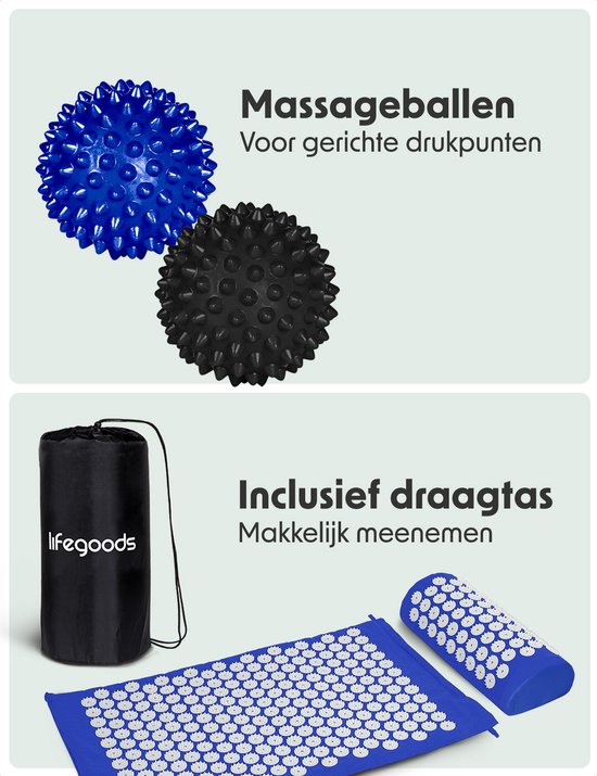 LifeGoods Akupressurmatte mit Kissen - Shakti Matte - Nagelmatte inkl. 2x Triggerpunkt Ball - 66x40x2cm - Blau/Weiß