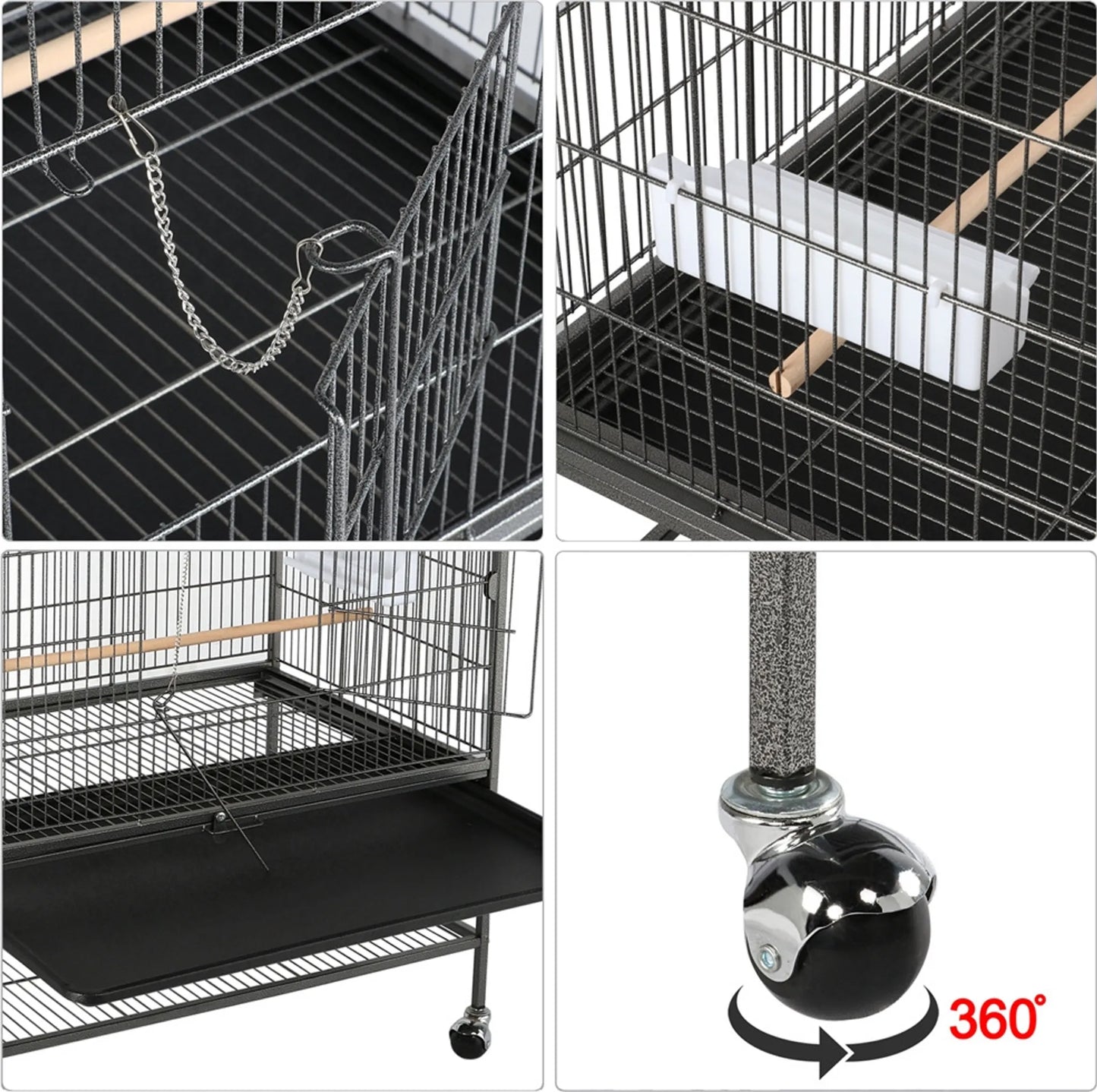 Yaheetech XXL Vogelkäfig mit 360° Rollen - Ausgestattet mit unterem Ablagefach und 4 Sitzstangen und abnehmbarer Bodenplatte - Für Sittiche und Falken - Schwarzes Metall - 93,5 x 56,5 x 153 cm