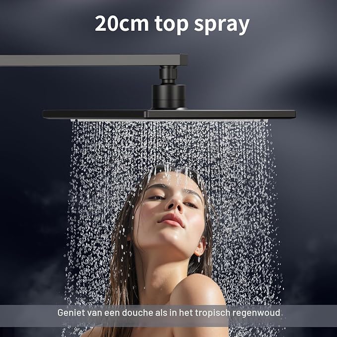 HOMELODY Regenduschen-Set ohne Wasserhahn – 20 x 20 cm Kopfbrause – Handbrause – Verstellbare Duschstange – Schwarz