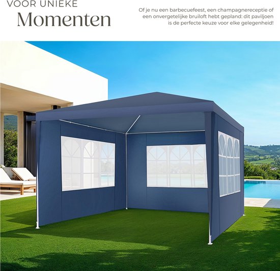 tectake - Pavillon - mit verstärktem Rahmen - Partyzelt 3x3 m - wasserdichte Plane - abnehmbare Seitenwände - wetterfester Gartenpavillon - inklusive Spannleinen und Heringe - blau - Pop-up-Faltzelt