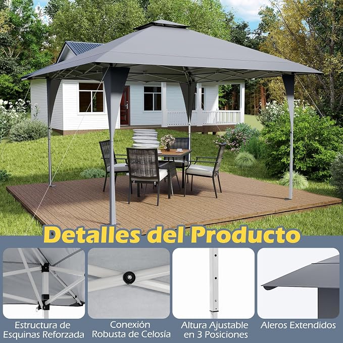 Coast Faltbares Partyzelt 3,95 × 3,95 m – Pop-up-Pavillon mit Belüftungsdach, 3 Höhenstufen, UV-Schutz und Tragetasche – Grau