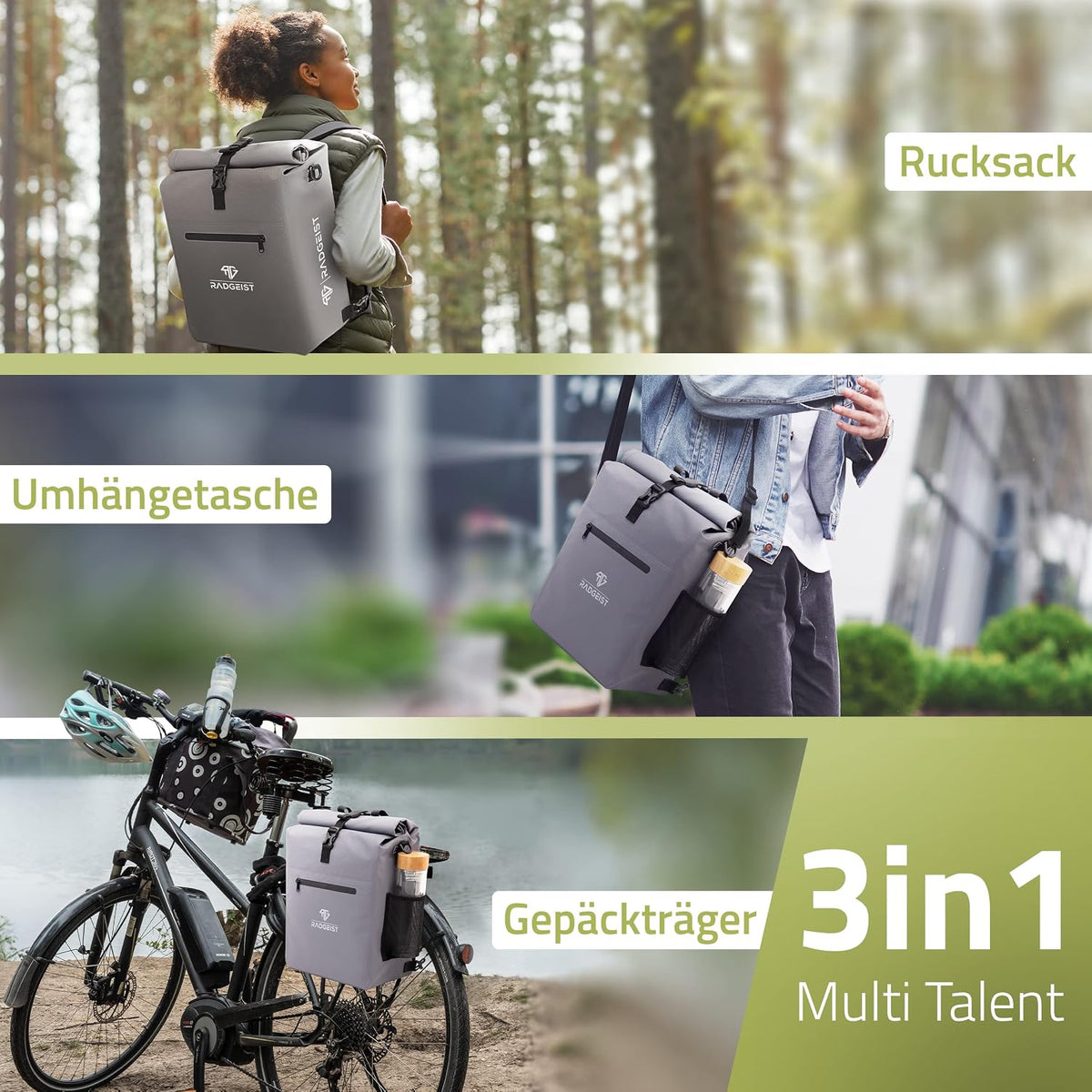 3-in-1-Fahrradtasche für den Gepäckträger – 25 Liter – Grau – Laptopfach – Wasserdicht