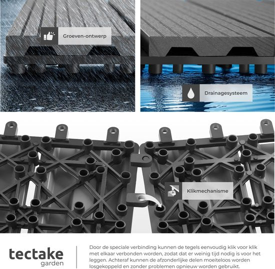 tectake WPC-Holzfliesen - Fliesen in Holzoptik - Witterungsbeständig - Bodenbelag für den Außenbereich - Bodenfliesen - Balkonboden - Terrassenfliesen mit Klicksystem - Drain - Set mit 11 Stück - Grau
