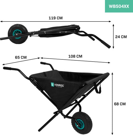 VONROC Klappbare Schubkarre - 50 Liter - 30 kg Ladekapazität - Ideal für die Entsorgung von Gartenabfällen