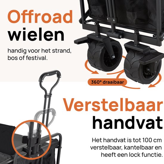 Novitaa Bolderkar faltbar - Starker Rahmen - Dickere Räder mit Bremse - 150KG Tragfähigkeit - 100L Kapazität - Waschbares Polyester - Schwarz