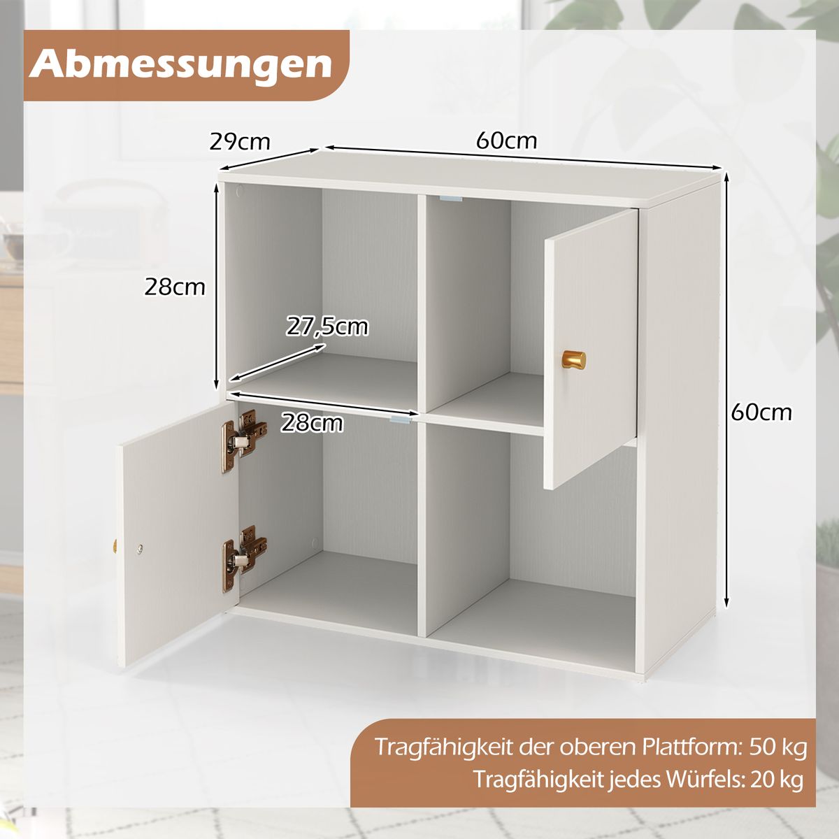 Coast Bücherregal mit 4 Fächern – mit Kippschutz – 2 Türen – weiß – 60 x 29 x 60 cm