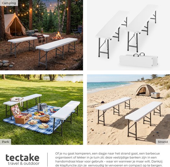tectake® 2er-Set klappbare Bänke – Gartenbänke – für 8 Personen – Bierbank – tragbare Bänke für Camping-Tisch – Biertisch – Picknicktisch – Gartentisch – 500 kg Tragkraft pro Bank – Weiß