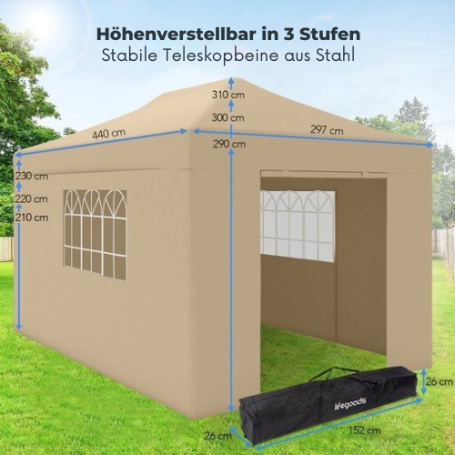 LifeGoods - Partyzelt mit Seitenwänden - Pavillon - leicht aufbaubar - wasserdicht - Tragetasche mit Rädern - 3 x 4,5 m - Beige