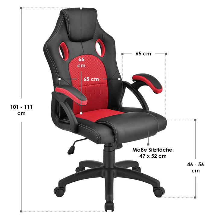 Juskys - Racing Office Chair Montreal - 111 x 47 x 52 cm - Ausgestattet mit neigbarer Rückenlehne und Mesh-Einsatz und Gasfeder - Für Gaming und Büro - Rot und Schwarz Kunstleder und Metall