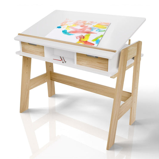 Juskys Fietje Plus Kinderschreibtisch mit verstellbarer Platte und Ablage - Weiß/Natur - 94 x 76 x 63 cm