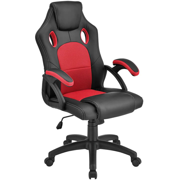 Juskys - Racing Office Chair Montreal - 111 x 47 x 52 cm - Ausgestattet mit neigbarer Rückenlehne und Mesh-Einsatz und Gasfeder - Für Gaming und Büro - Rot und Schwarz Kunstleder und Metall