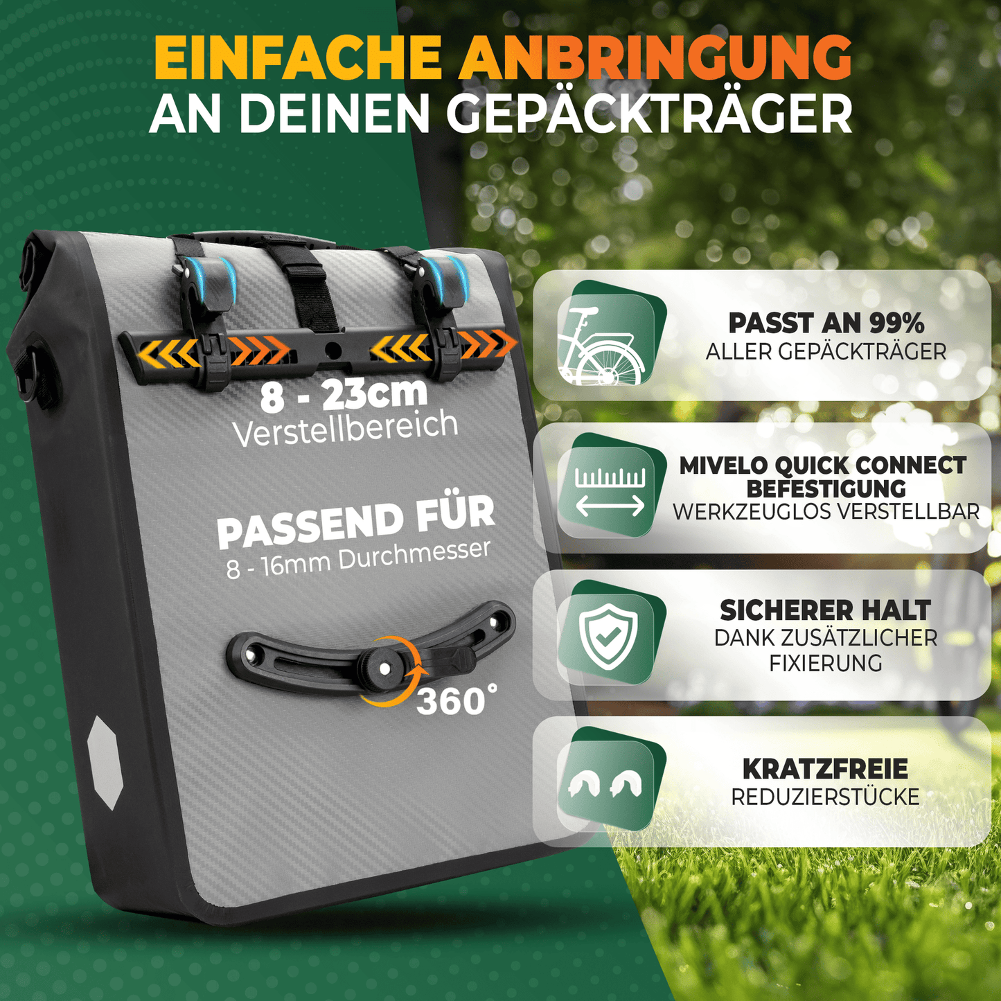 MiVelo Max - 2-in-1 wasserdichte Gepäckträgertasche für Gepäckträger - Carbon Grey - 25 L