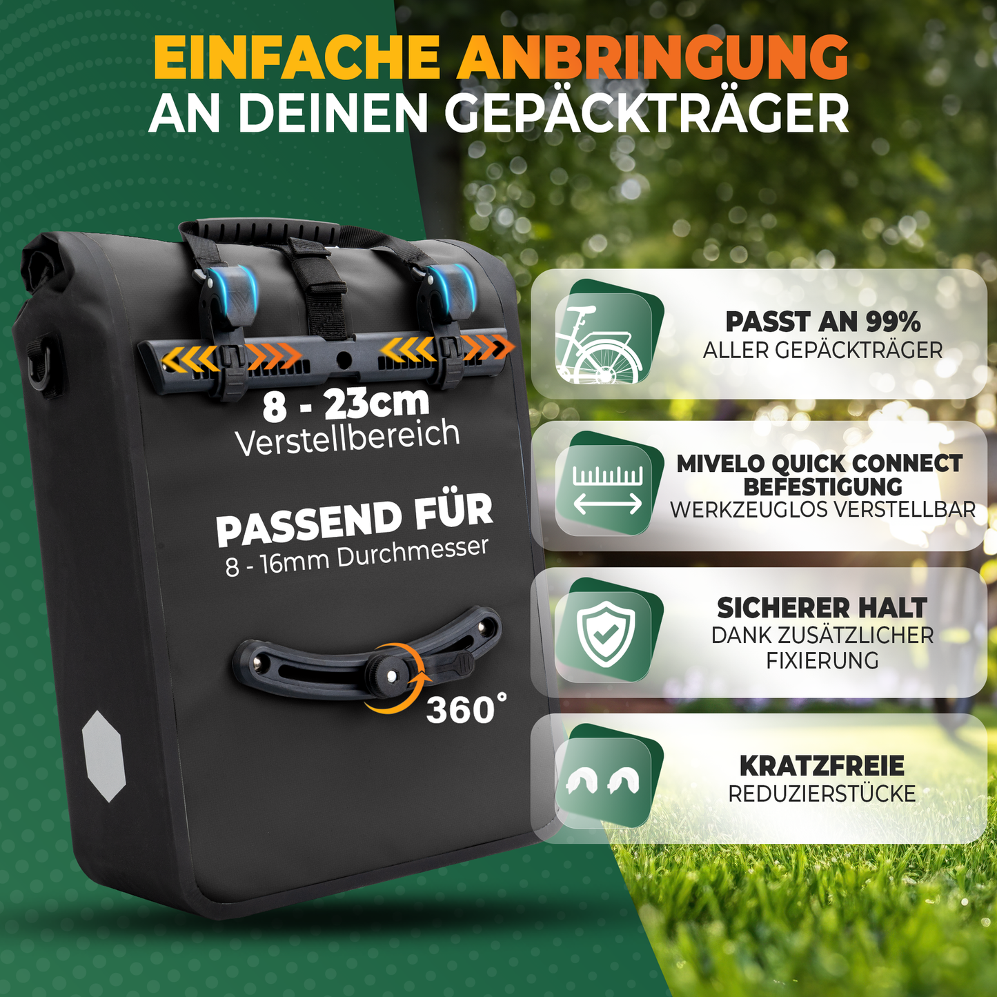 MiVelo Max - 2-in-1 wasserdichte Packtasche für Gepäckträger - Schwarz - 25 L