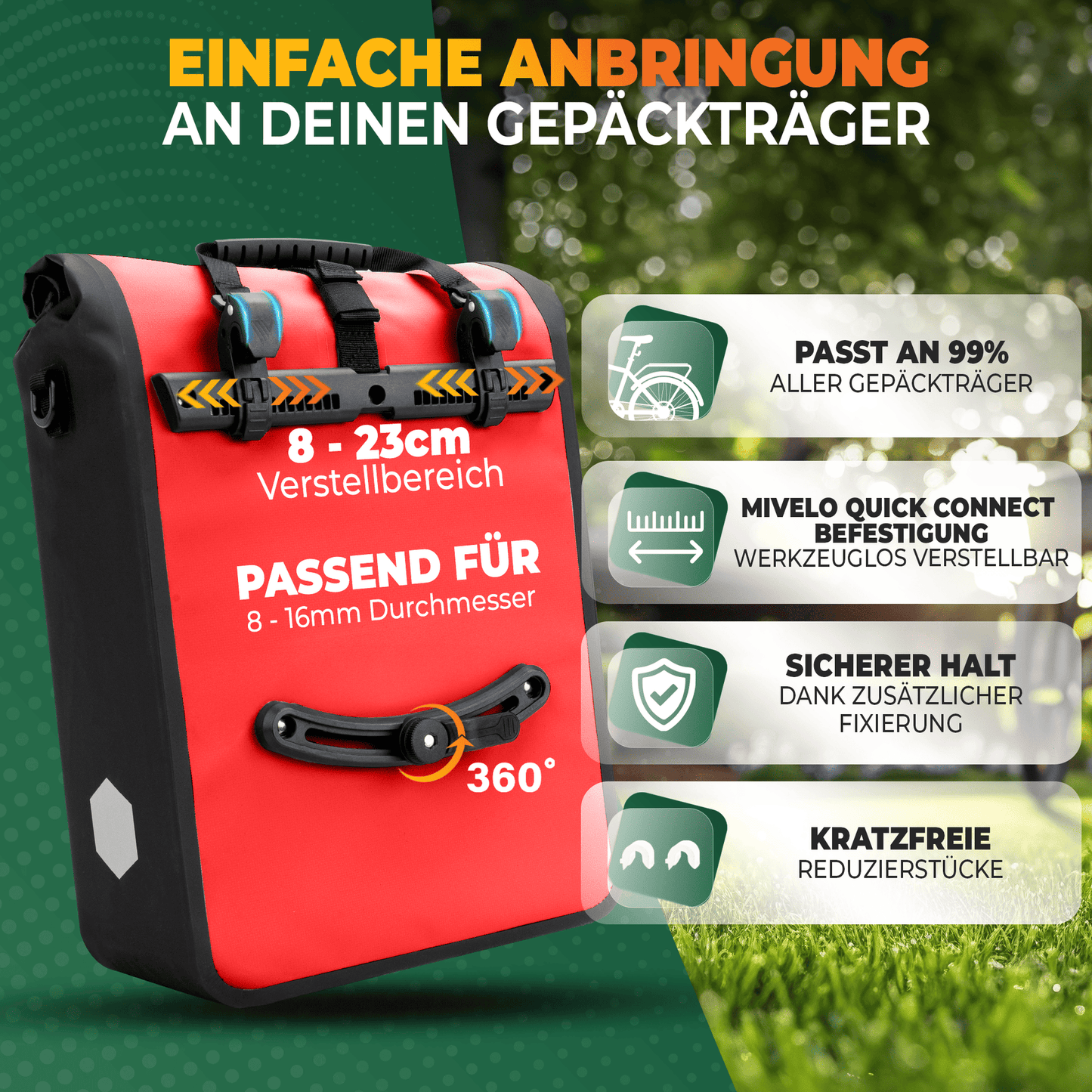 MiVelo Max - 2-in-1 wasserdichte Packtasche für Gepäckträger - Rot - 25 L