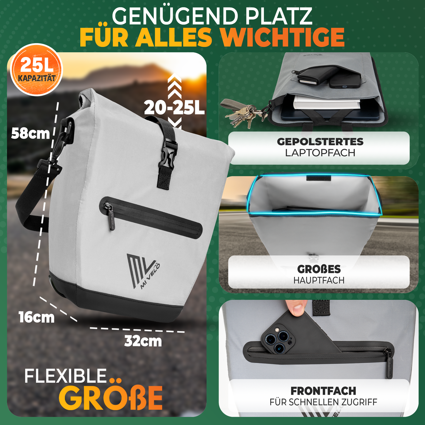 Mivelo 2-in-1 Packtasche für Gepäckträger Capax 25L - Wasserdicht - 58 x 24/32 x 16 cm - Voll reflektierend