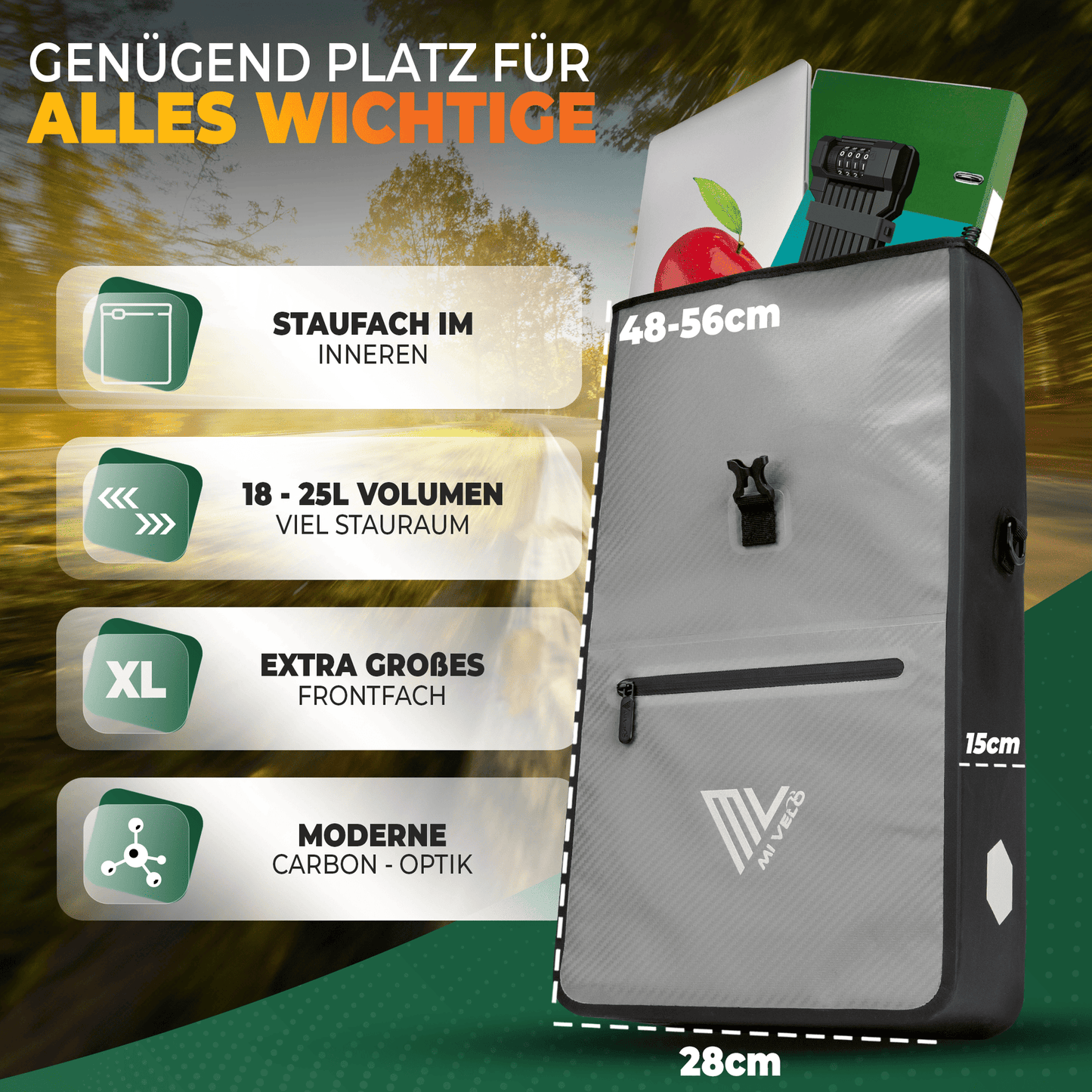 MiVelo Max - 2-in-1 wasserdichte Gepäckträgertasche für Gepäckträger - Carbon Grey - 25 L