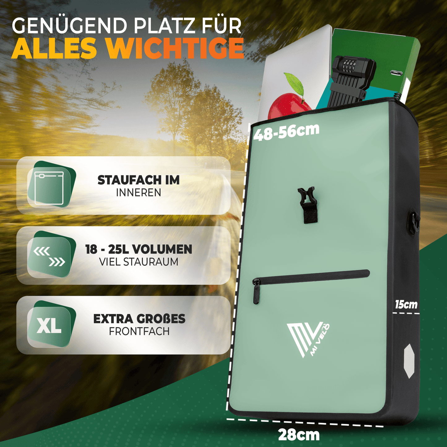 MiVelo Max - 2-in-1 wasserdichte Packtasche für Gepäckträger - Mint - 25 L