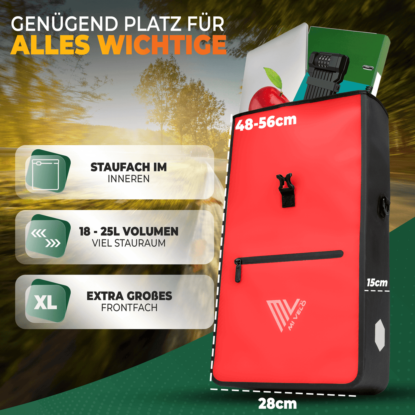 MiVelo Max - 2-in-1 wasserdichte Packtasche für Gepäckträger - Rot - 25 L
