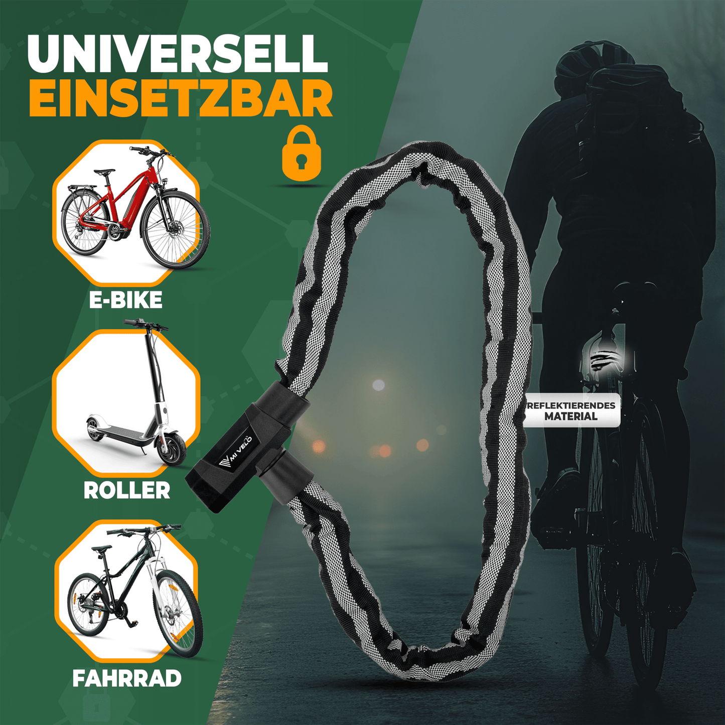MIVELO Kettenschloss für Fahrräder - Mit Schlüsselschloss und LED - 100 CM - Edelstahl