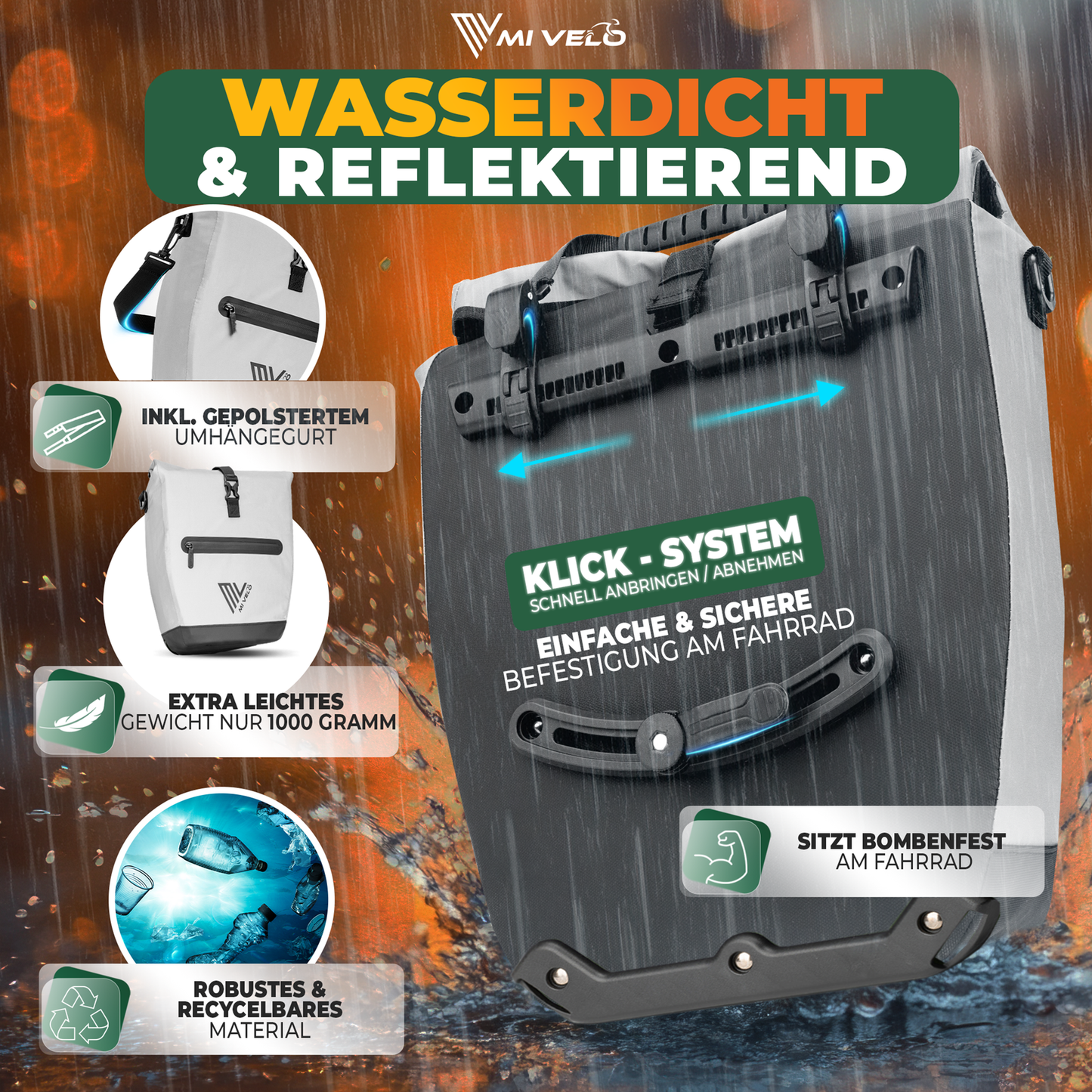 Mivelo 2-in-1 Packtasche für Gepäckträger Capax 25L - Wasserdicht - 58 x 24/32 x 16 cm - Voll reflektierend