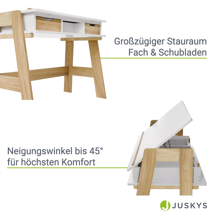 Juskys Fietje Plus Kinderschreibtisch mit verstellbarer Platte und Ablage - Weiß/Natur - 94 x 76 x 63 cm
