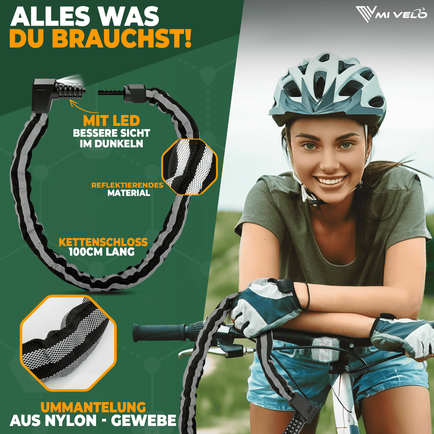 MIVELO Hochsicherheits-Kettenschloss - Mit Zahlenschloss & LED - 100 cm lang - Gehärteter Stahl - 8 mm Stärke - Schwarz