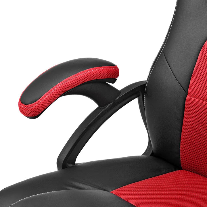 Juskys - Racing Office Chair Montreal - 111 x 47 x 52 cm - Ausgestattet mit neigbarer Rückenlehne und Mesh-Einsatz und Gasfeder - Für Gaming und Büro - Rot und Schwarz Kunstleder und Metall