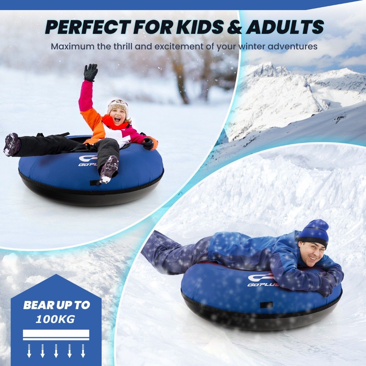 Coast 100 cm Aufblasbarer Schneeschlitten Blau - Strapazierfähiges Oxford - Harter Boden - Inklusive Sitzkissen und Schleppgurt