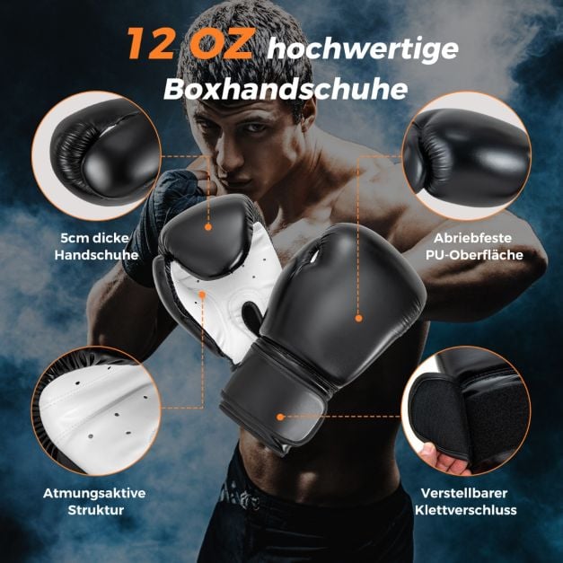 Coast Boxsack Set Schwarz - 4-in-1 Hänge-Boxsack mit 12OZ Boxhandschuhen - 32 x 110 cm