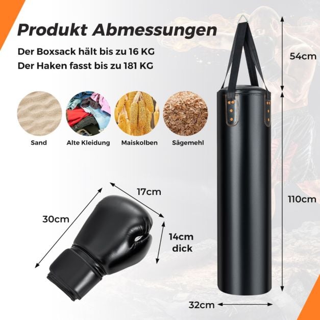 Coast Boxsack Set Schwarz - 4-in-1 Hänge-Boxsack mit 12OZ Boxhandschuhen - 32 x 110 cm