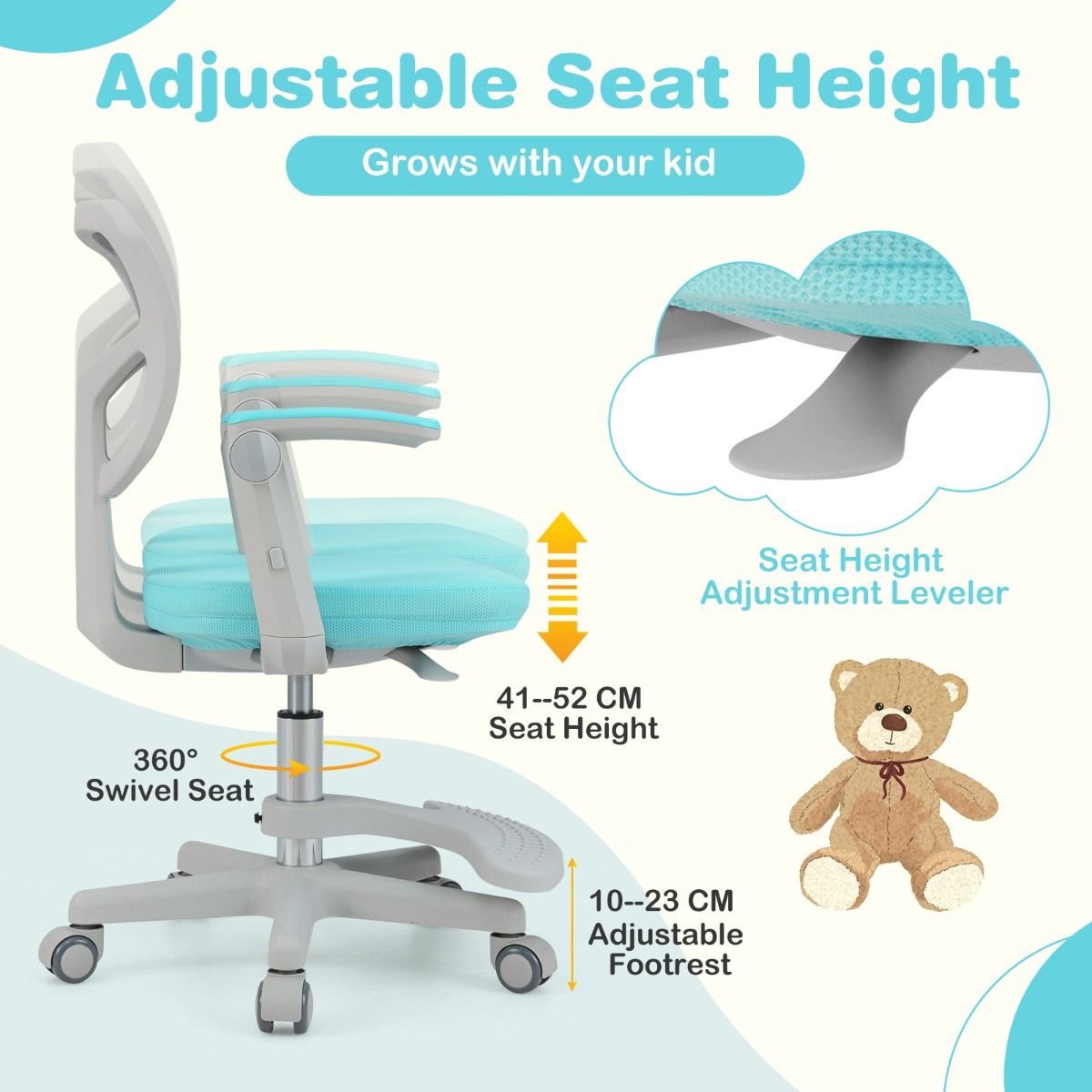 Coast Kinderschreibtischstuhl Ergonomisch verstellbar mit Rädern und Fußstütze - Sitzhöhe 41-52 cm - Türkis - 57 x 55 x 80-91 cm