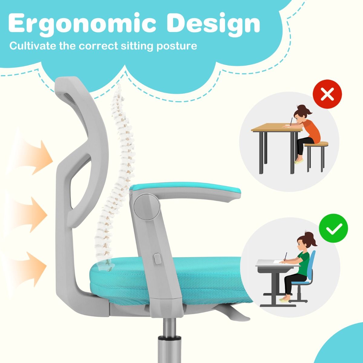 Coast Kinderschreibtischstuhl Ergonomisch verstellbar mit Rädern und Fußstütze - Sitzhöhe 41-52 cm - Türkis - 57 x 55 x 80-91 cm