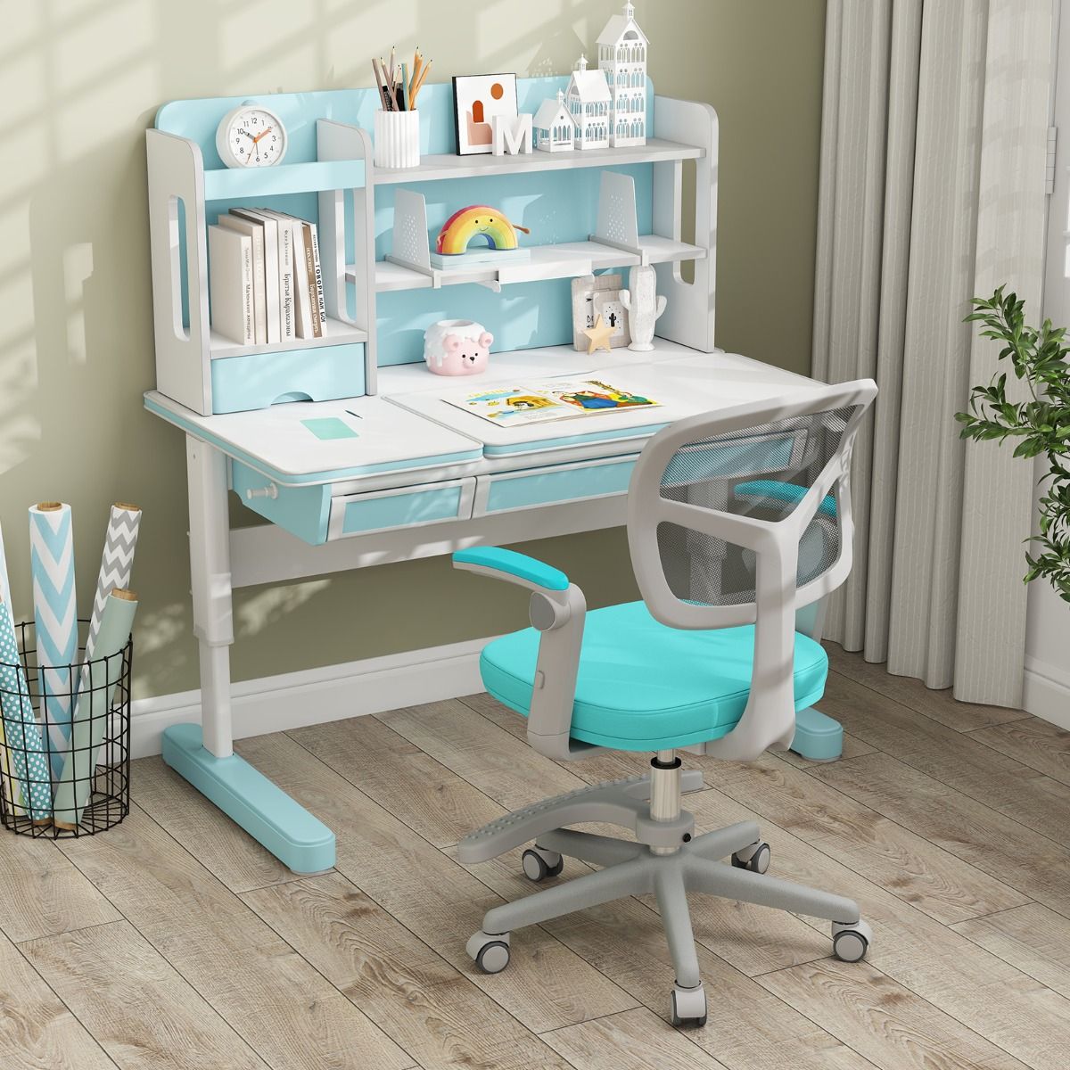 Coast Kinderschreibtischstuhl Ergonomisch verstellbar mit Rädern und Fußstütze - Sitzhöhe 41-52 cm - Türkis - 57 x 55 x 80-91 cm