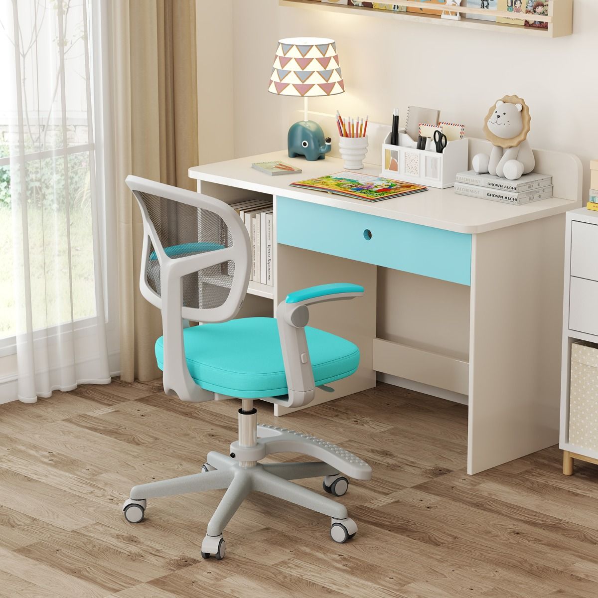Coast Kinderschreibtischstuhl Ergonomisch verstellbar mit Rädern und Fußstütze - Sitzhöhe 41-52 cm - Türkis - 57 x 55 x 80-91 cm