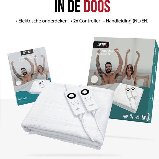DistinQ Elektrisches Unterbett doppelt 100 Watt - 160x140 cm - doppelt - Automatische Abschaltung - Überhitzungsschutz - 5 Stufen - Einzelunterbett Weiß