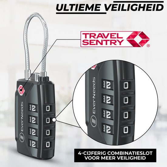 EverNeeds Kofferschloss - TSA-Schloss - 4-stelliges Vorhängeschloss - Zahlenschloss - Schwarz - 2 Stück
