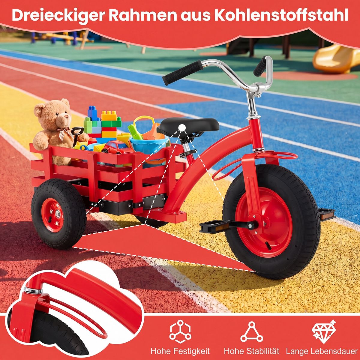 Coast Kinder-Dreirad mit verstellbarem Lenker und Sattel – mit Anhänger – rot