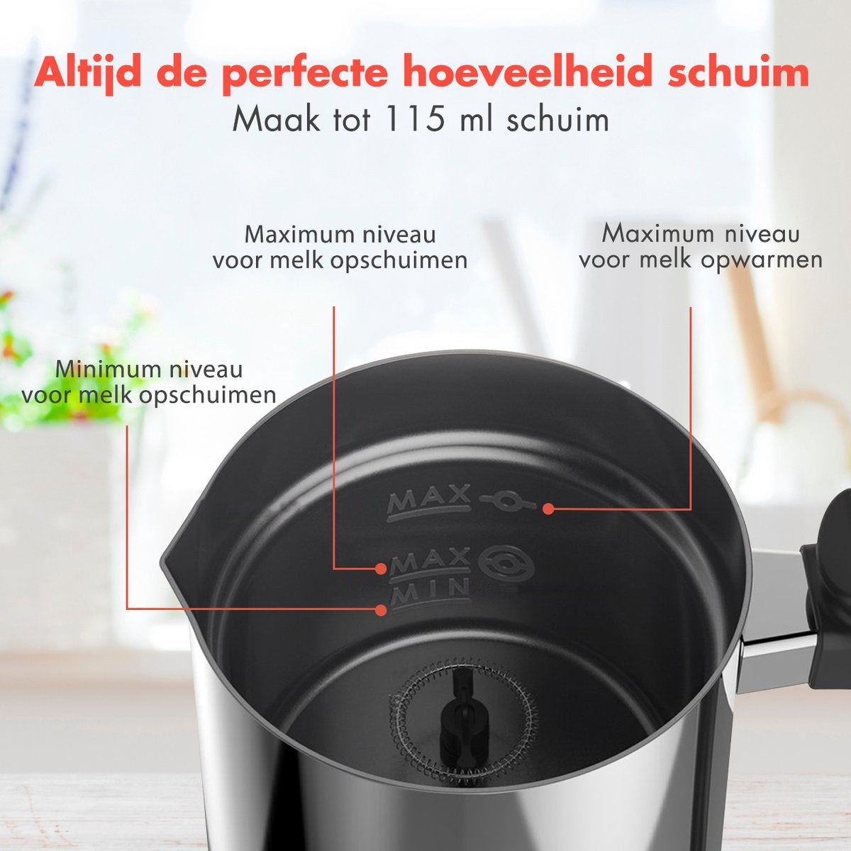 KitchenBrothers Elektrischer Milchaufschäumer - 240 ML - Edelstahl/Schwarz