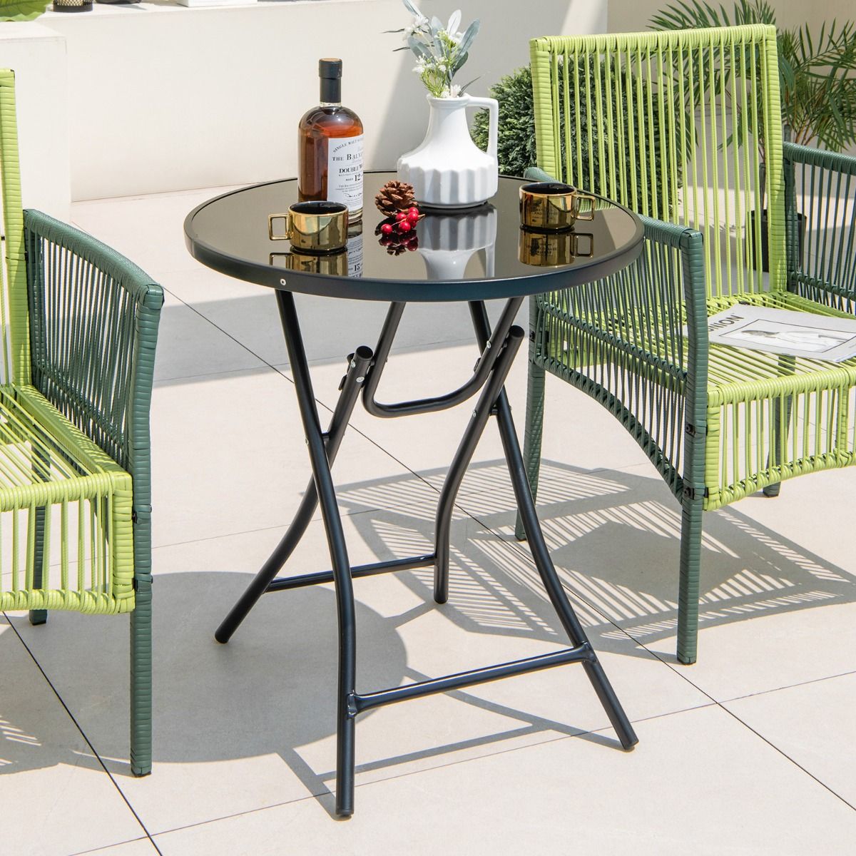 Coast Runder Bistrotisch - Faltbar - 59x67 cm - Terrassen- Mit gehärtetem Glas und Metallgestell - Schwarz