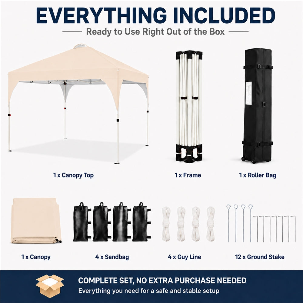 SOBERINE Pop-up-Faltpavillon 3 × 3 m mit Rolltasche, Sandsäcken und Heringen, beige
