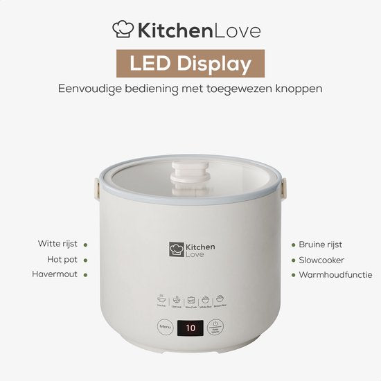 KitchenLove Reiskocher - 0.4L - Multikocher - Langsamkocher - 1 bis 2 Personen - Klein - Cremeweiß